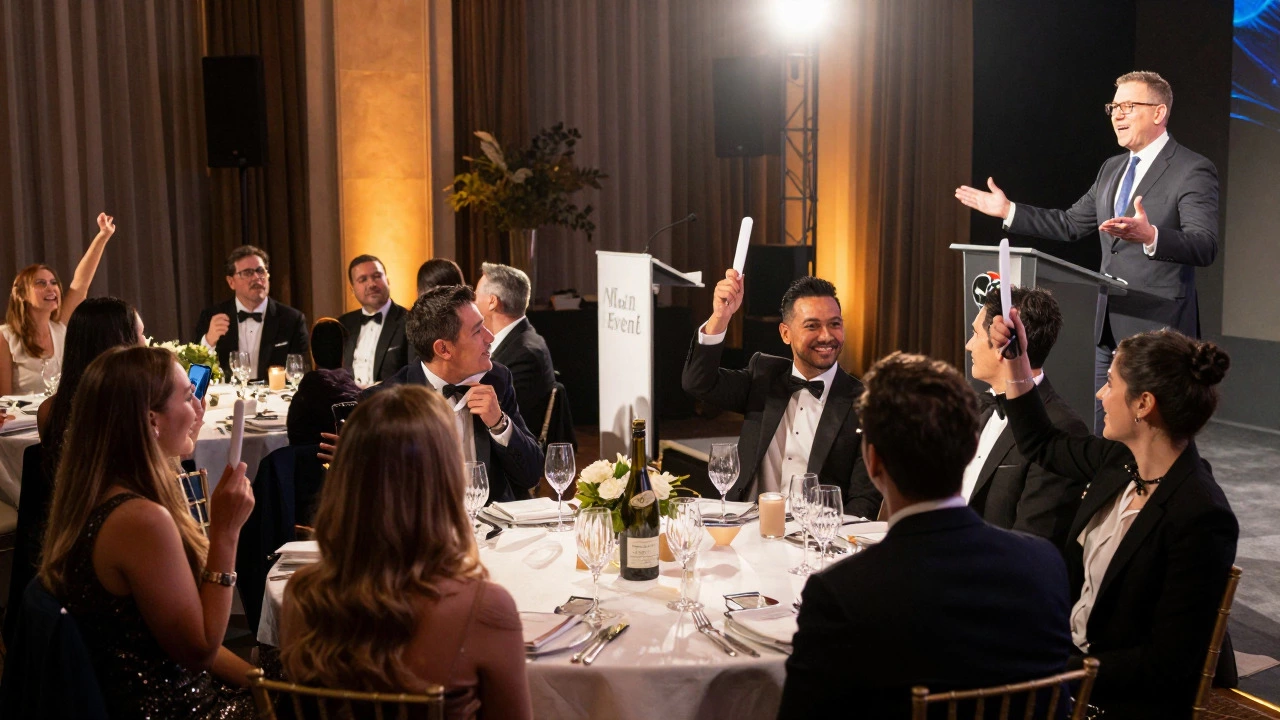 Auctioneer engaging with smiling guests during a live charity auction
