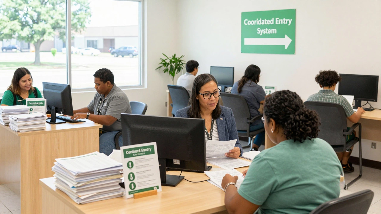 Case workers helping clients with housing applications