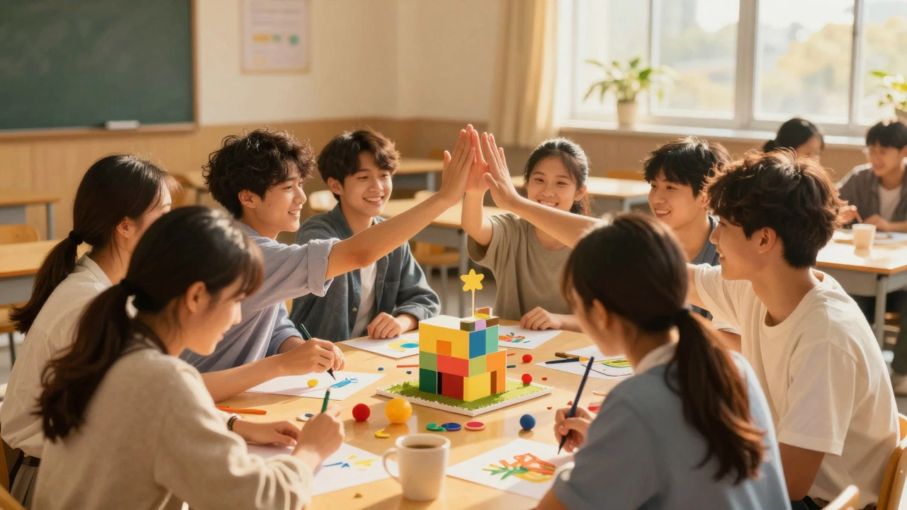 Diverse group of teens collaborating happily on a project in a sunlit room