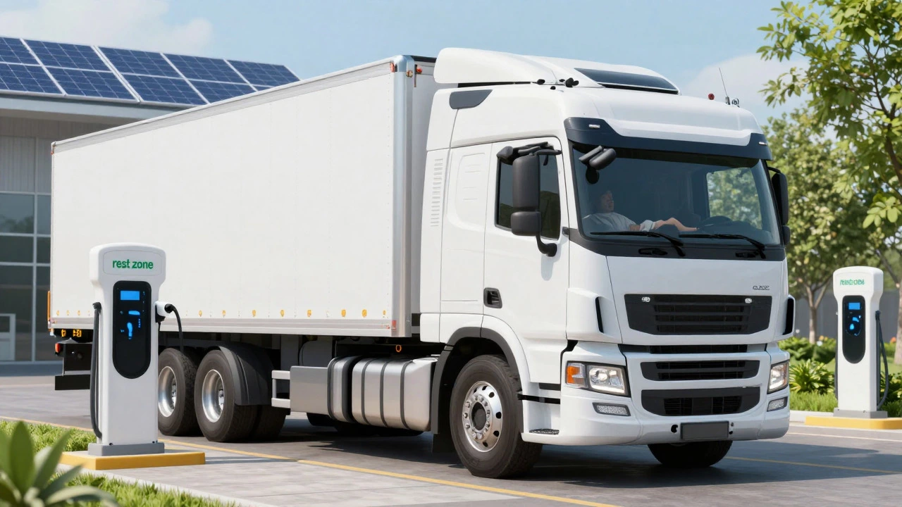Electric truck charging at a clean, green rest zone with sleeping driver.