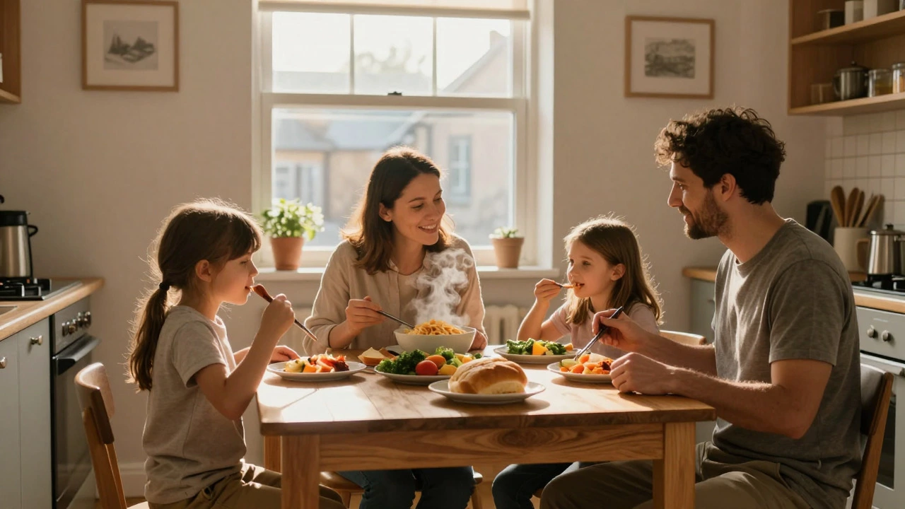 Family enjoying a meal prepared from food bank supplies at home