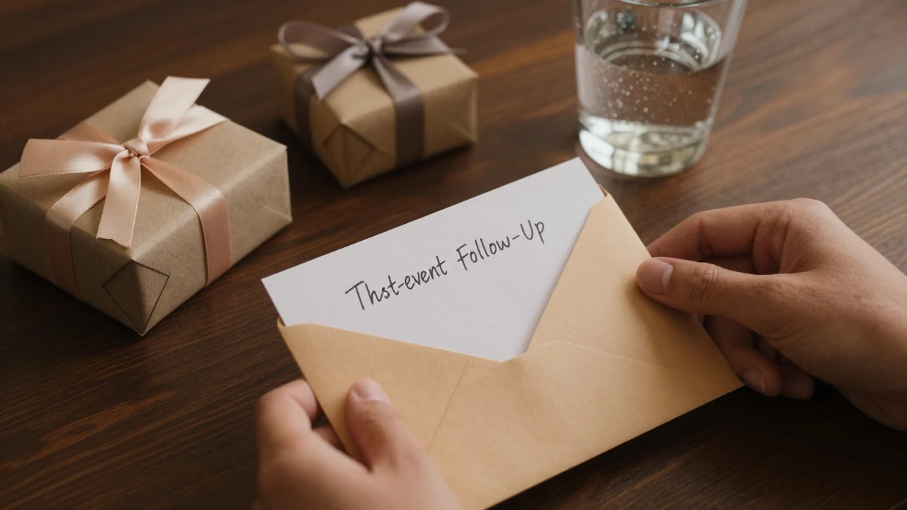 Hands writing a personalized thank-you note next to a gift box