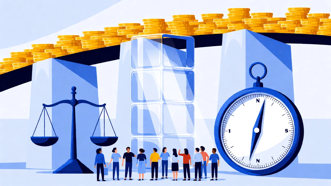 Illustration of three pillars supporting a bridge of gold coins