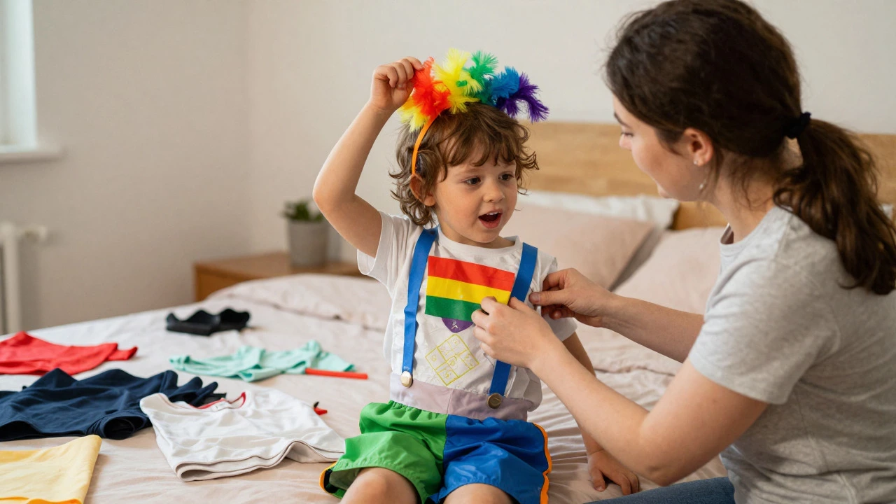 Parent helping child put on a handmade costume made from old clothes in a bedroom
