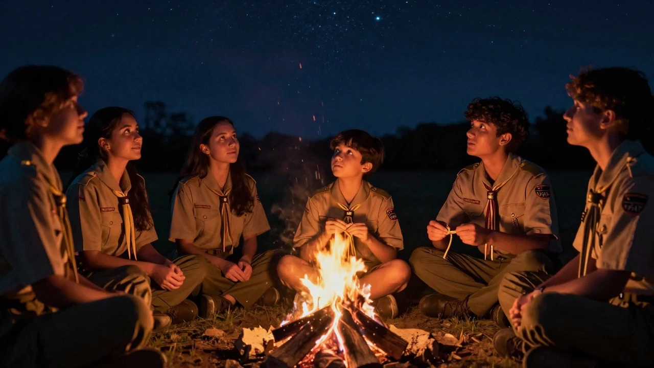 Scouts sitting around a campfire learning knots under stars