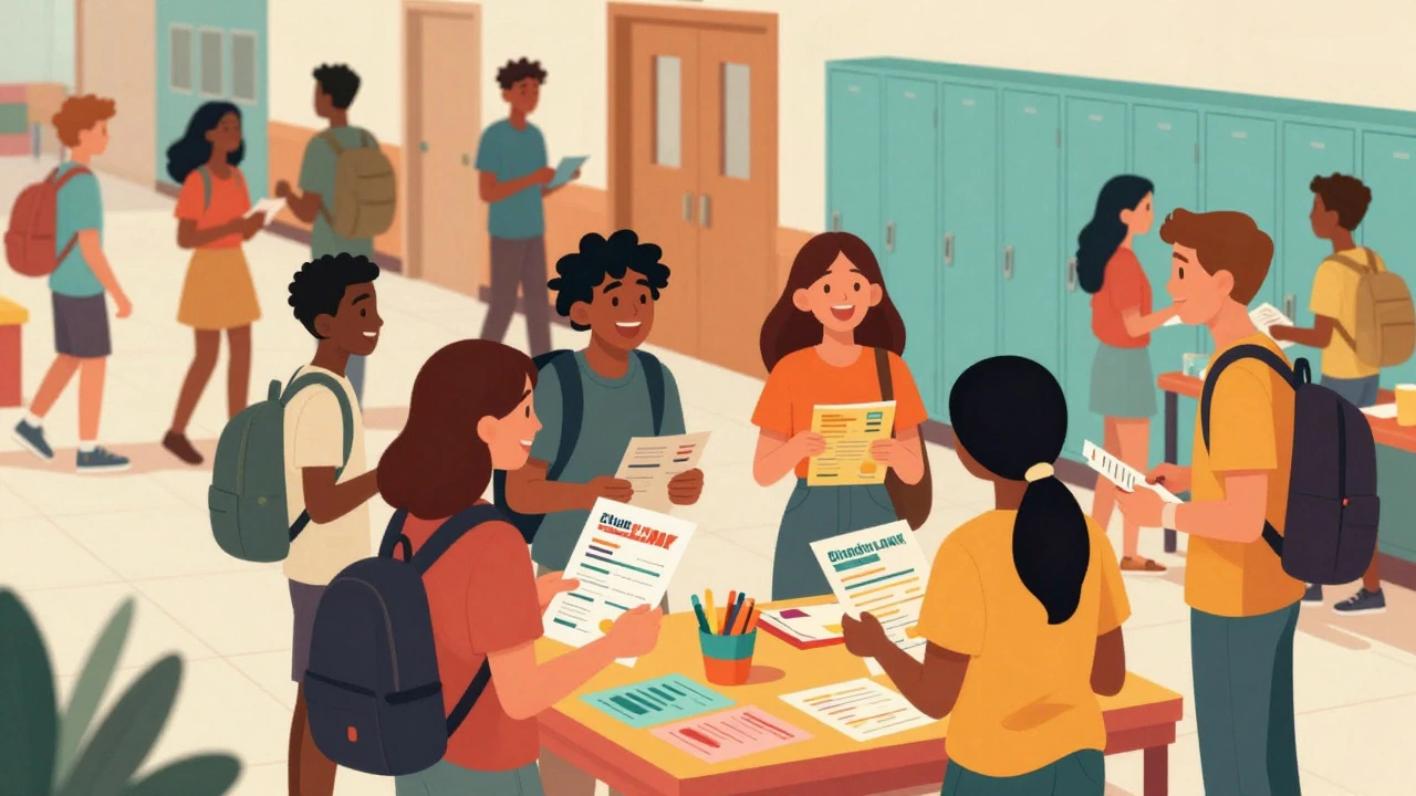Students gathering around a colorful club promotion table in a busy hallway