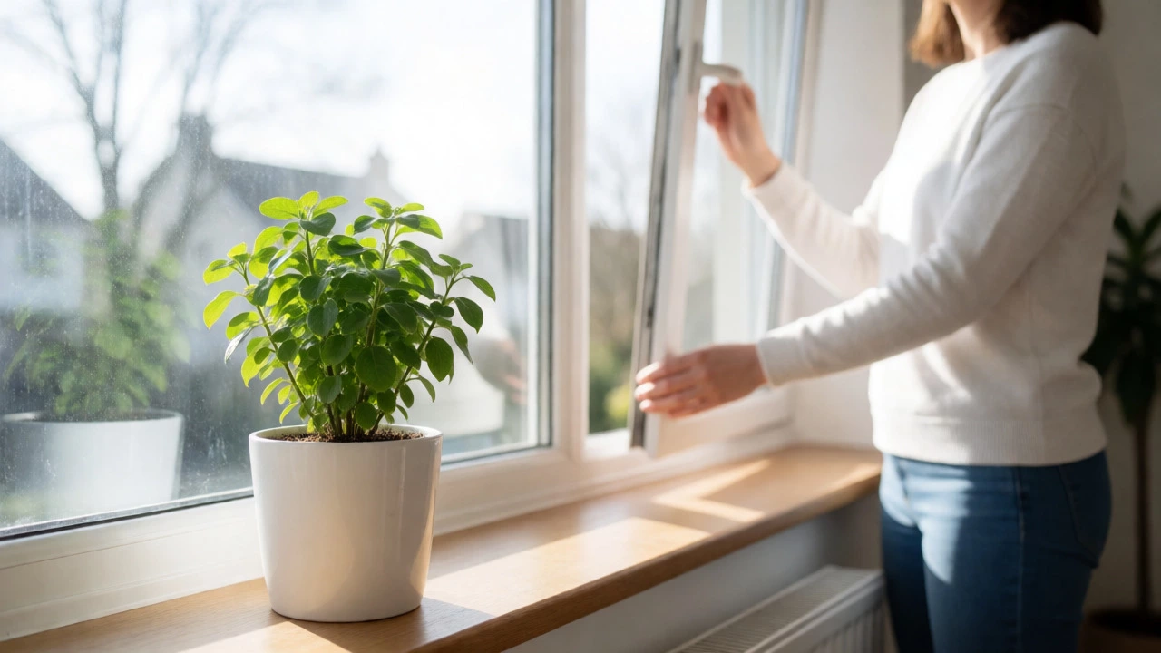 Sunlight illuminating a houseplant on a windowsill as someone opens the window for fresh air.