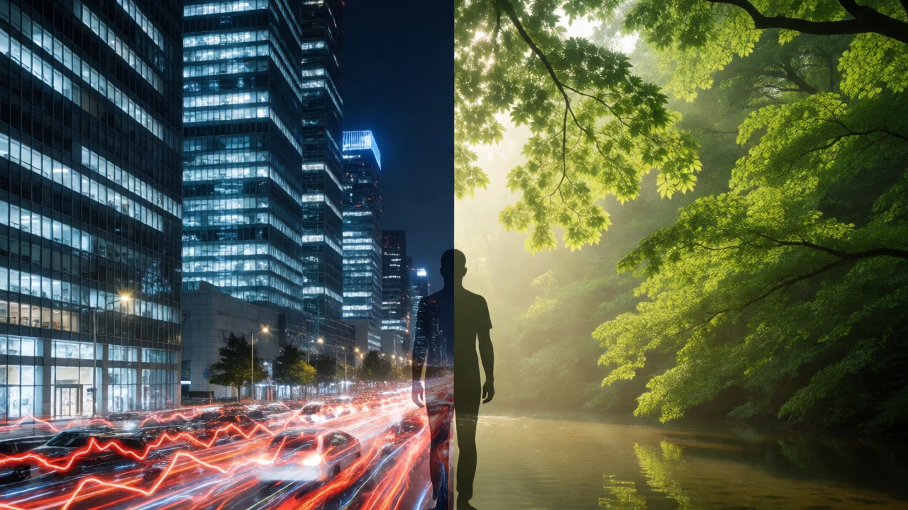 Surreal split image contrasting stressful city lights with calming natural forest scenes.