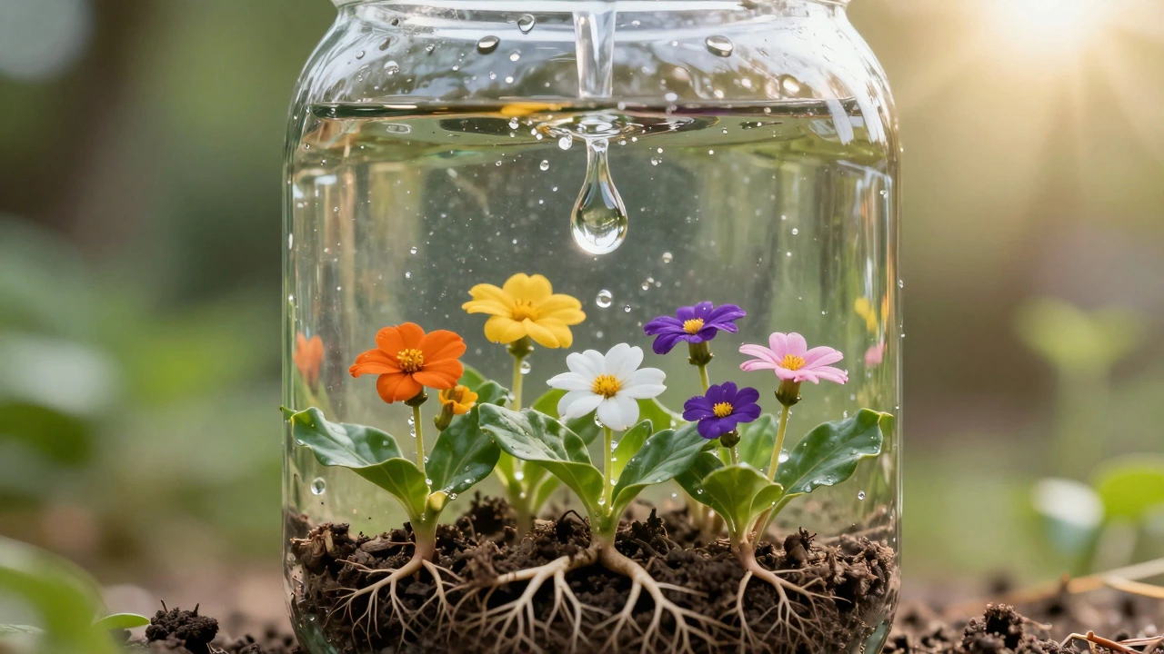 Transparent jar showing donations flowing directly into a thriving garden.