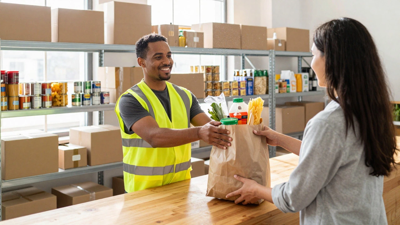 Volunteer handing a food parcel to a recipient in a warehouse