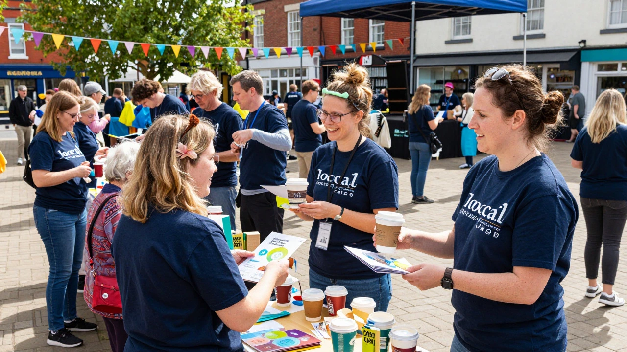 Volunteers and locals interacting at a vibrant outdoor community event in a town square