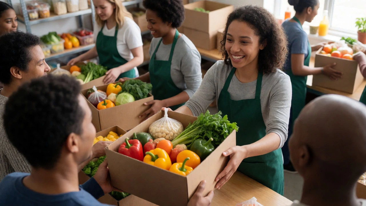 Volunteers distributing fresh food boxes in a busy community shelter