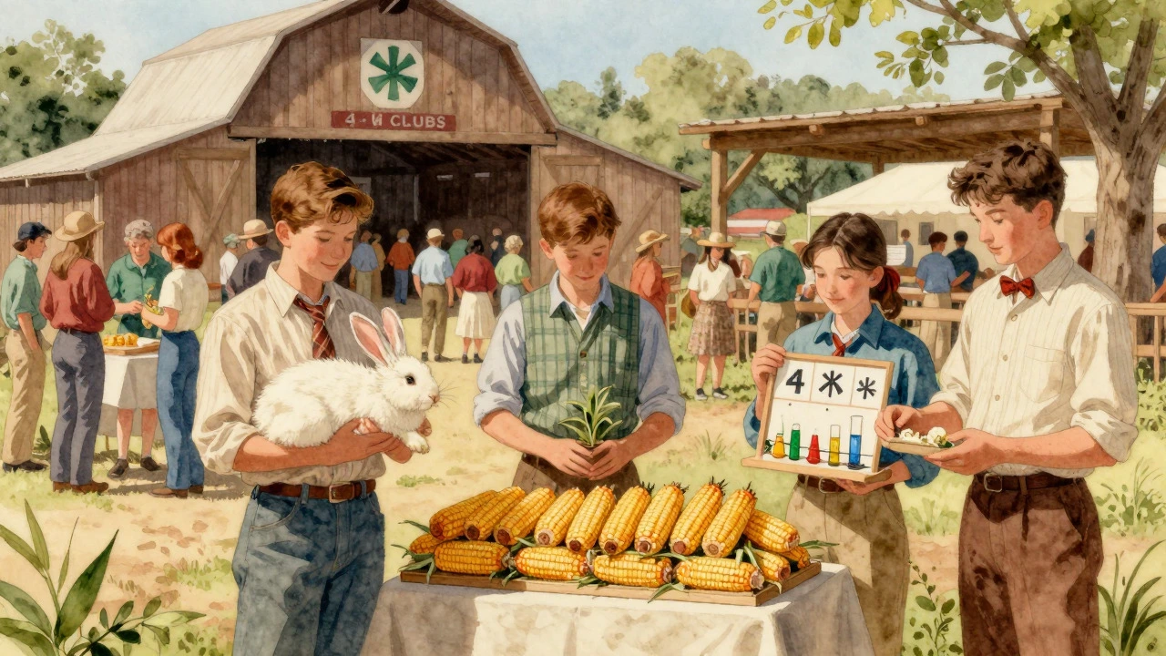 Young people displaying farm animals and crops at a county fair
