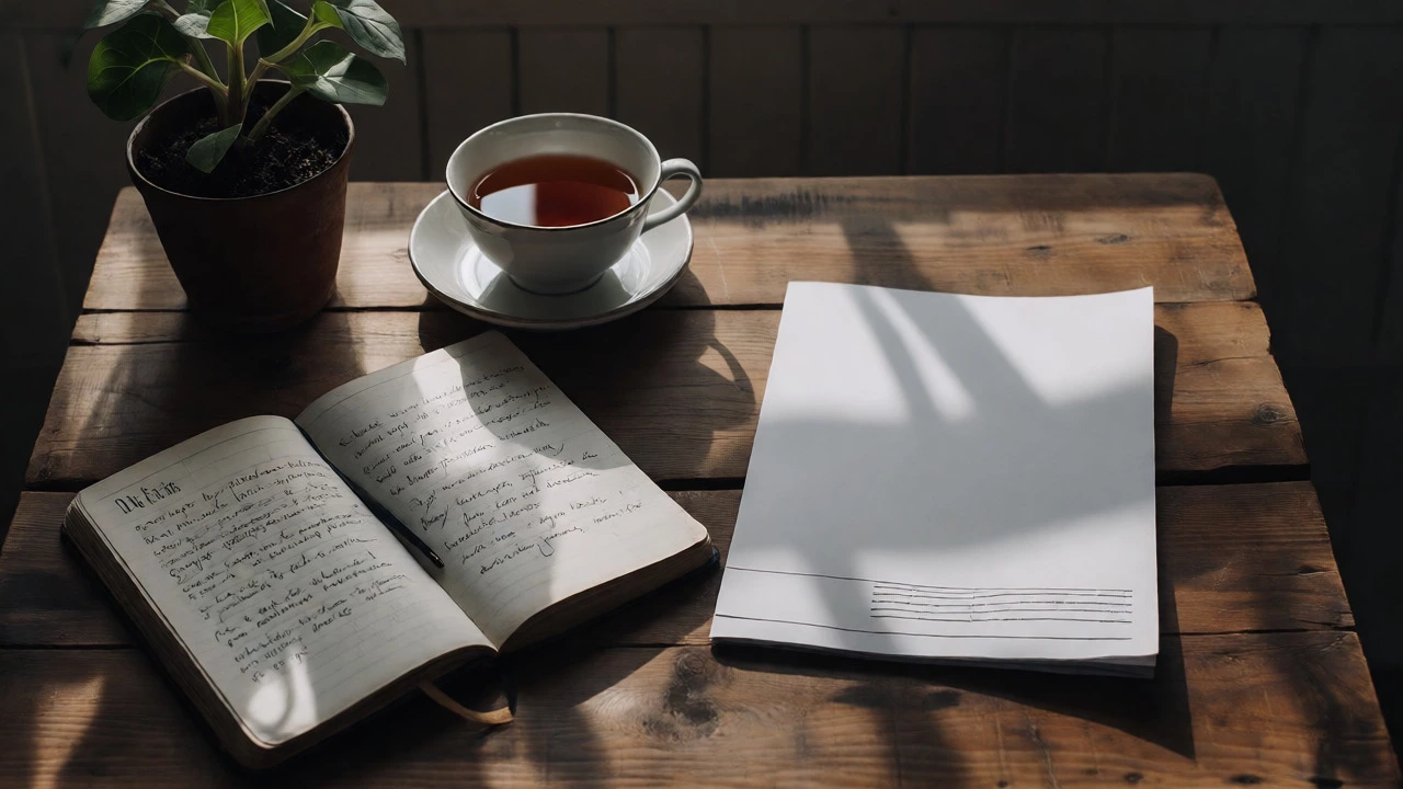 A symbolic still life of a notebook, tea, and plant representing consistent, long-term community care.