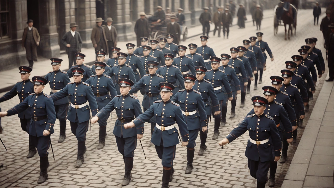 Boys in military-style uniforms performing disciplined drills on a Glasgow street in 1883.