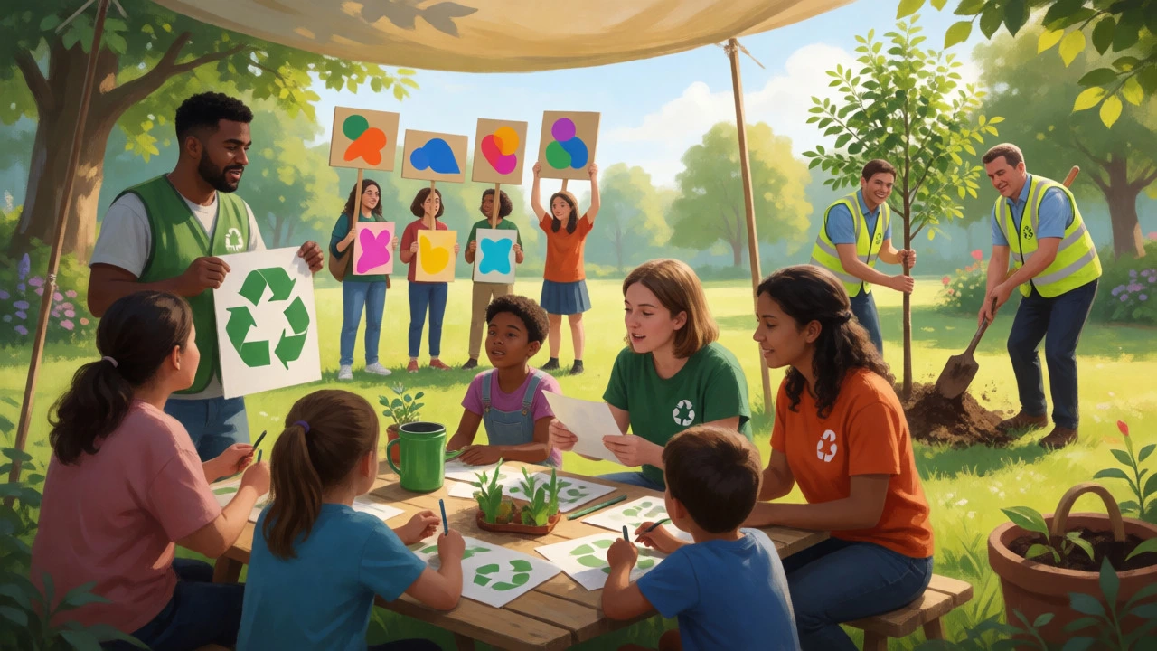 Community members attending an eco-workshop while activists demonstrate in a park.