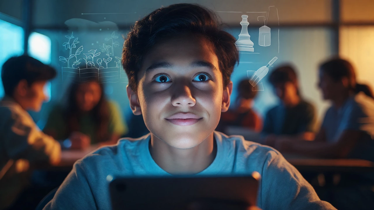Confident student looking at a tablet with symbolic activity icons