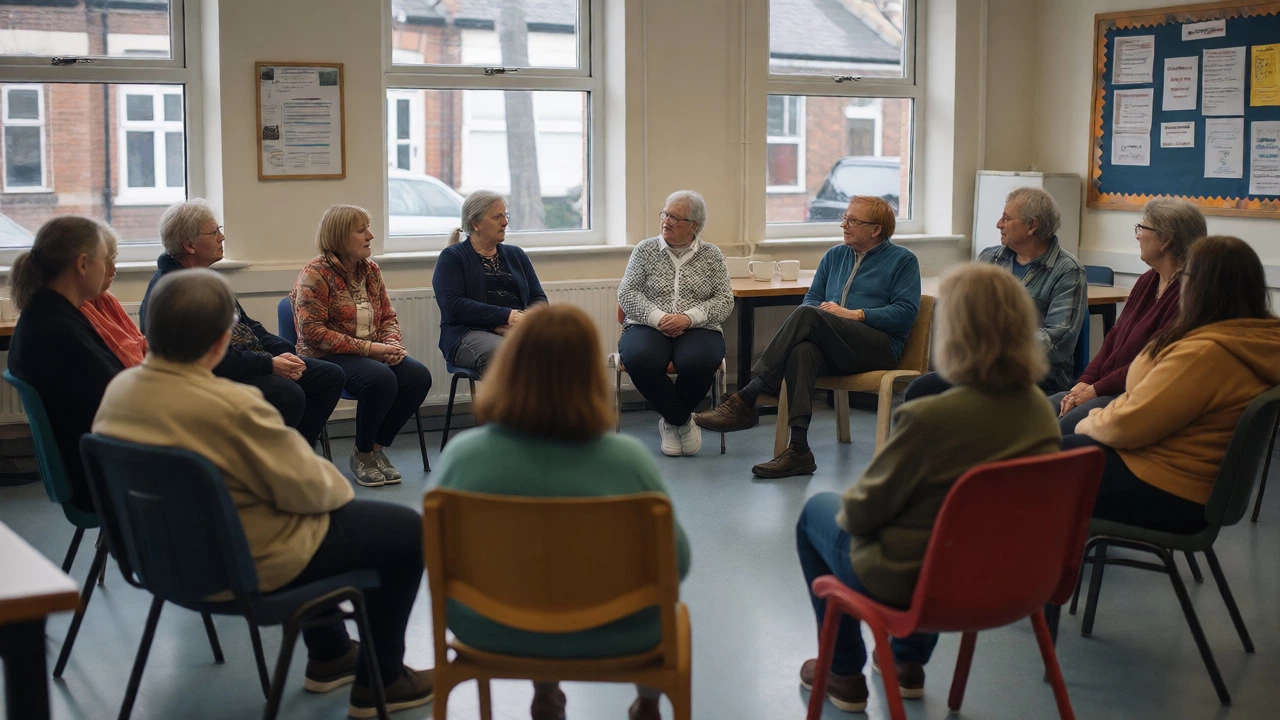 Diverse group sitting in a circle during a peer support meeting