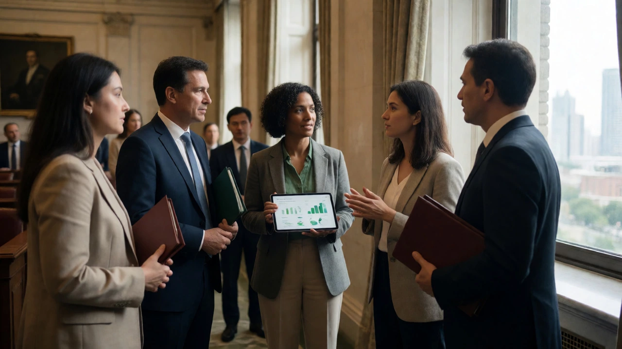 Environmental lobbyists discussing policy strategies with politicians in a government building.