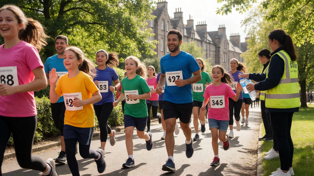 Families participating in a community fun run in Edinburgh