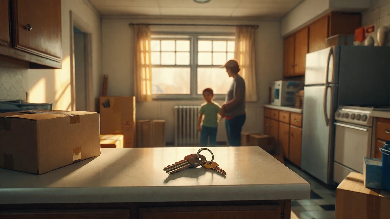 Family moving into a modest apartment with sunlight and keys on counter.