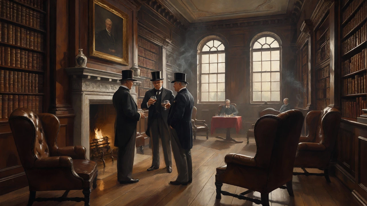 Gentlemen debating politics in an exclusive 19th-century club