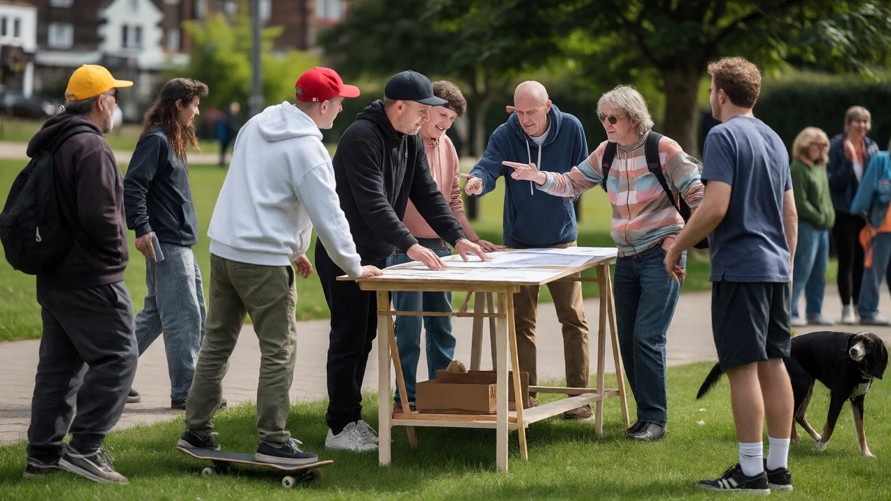 Locals collaborating outdoors on a community project, demonstrating active co-creation and participation.
