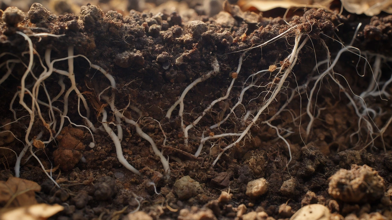 Macro view of soil showing roots and fungi interacting with minerals