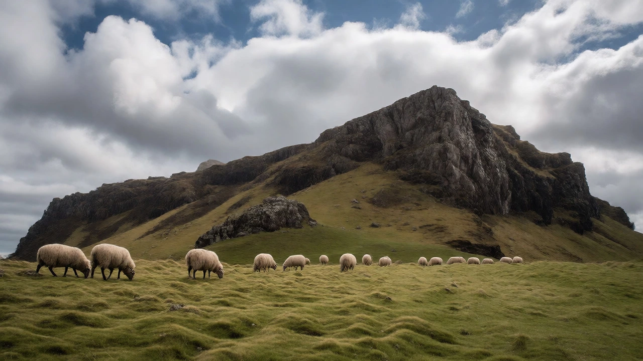 Sheep grazing on Arthur's Seat hillside with rocky terrain