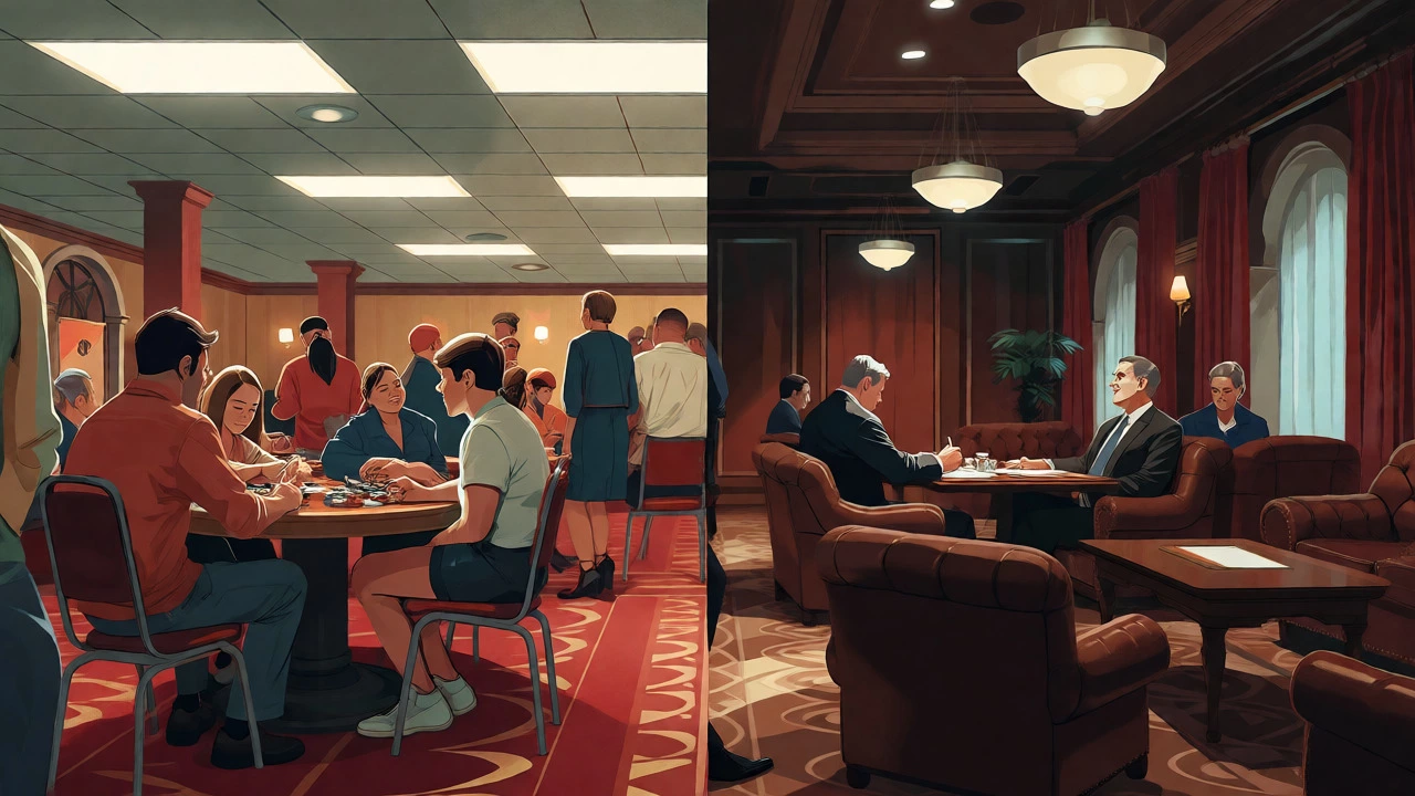 Split view comparing casual public club vs formal private club interiors