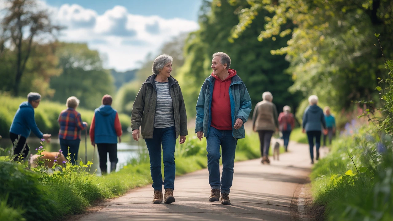 Two friends walking and talking in a local park