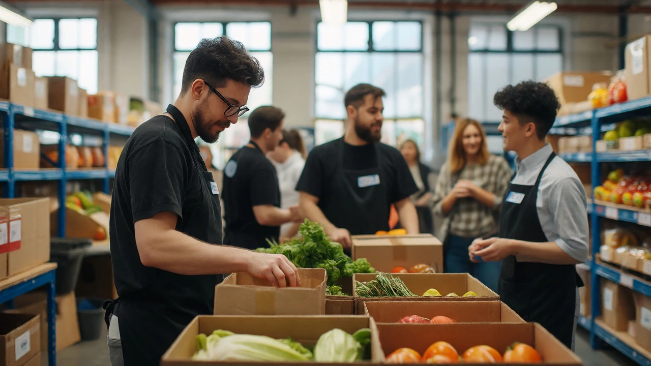 Volunteers packing food items in a bright community warehouse setting.