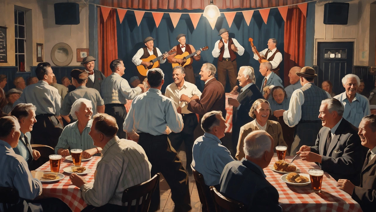 Workers enjoying live music and dancing at a social club