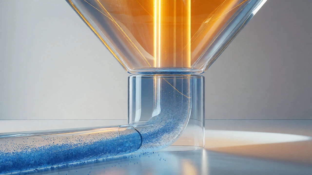 Abstract visualization of a funnel showing a small number of large golden drops versus many small blue ones.
