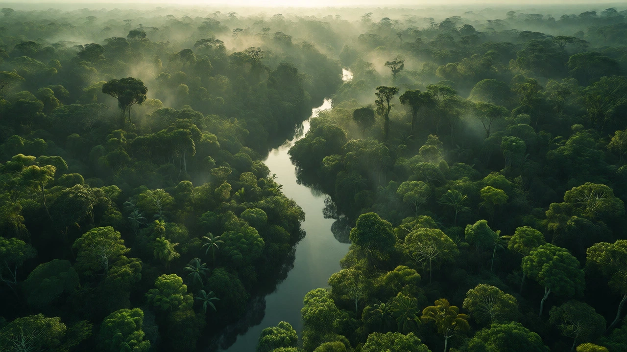 Aerial view of a lush, protected rainforest canopy