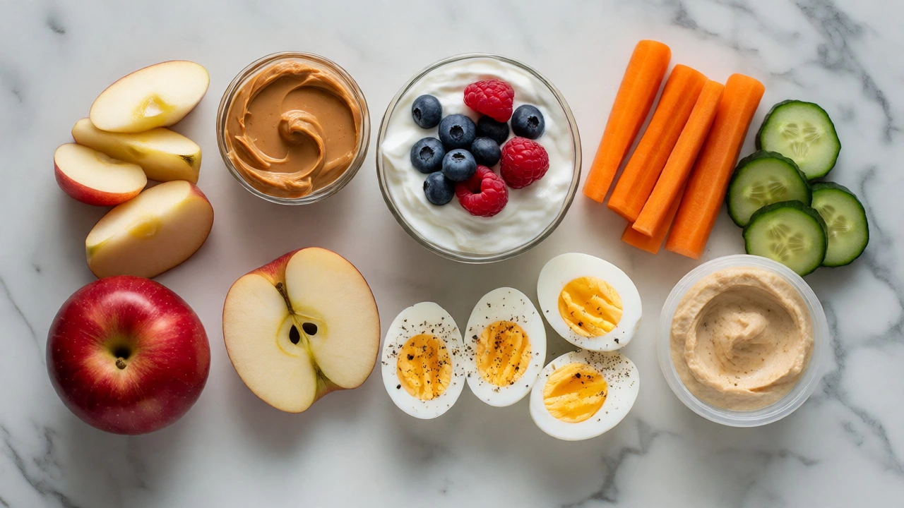 Assorted healthy after-school snacks like apples, yogurt, and veggies on a counter.