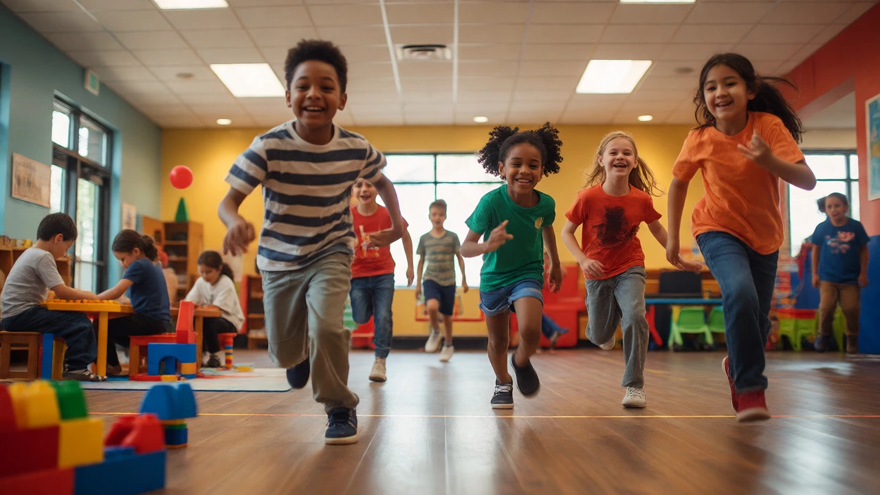 Children playing a relay game and building blocks in a bright, welcoming after-school club hall.