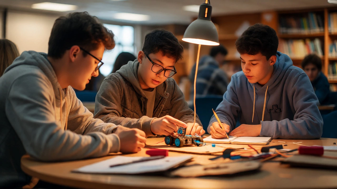 Club members collaborating on a hands-on project at a table.
