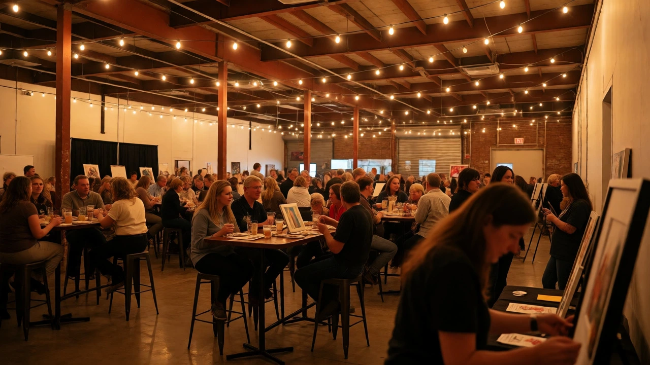 Crowd enjoying a sip-and-paint style charity event in a community hall