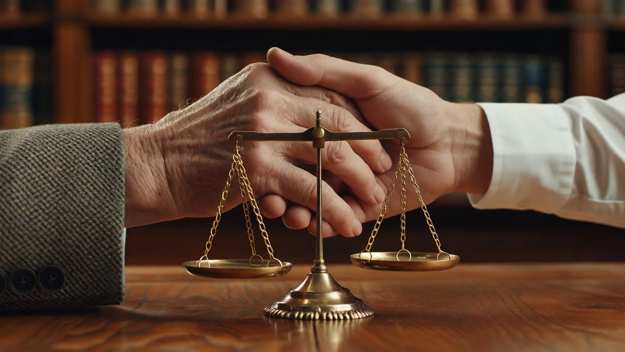Elderly and young hands joining over a balanced brass scale.