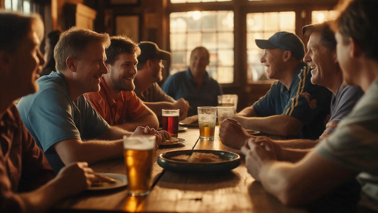Friends sharing food and laughter at a post-activity social gathering.