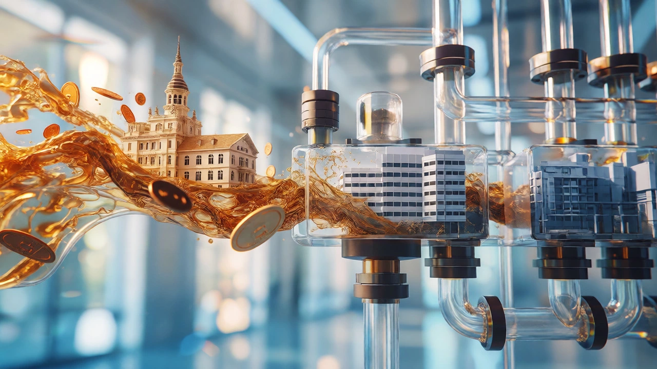 Golden liquid transforming from old sanatorium to modern hospital shapes.