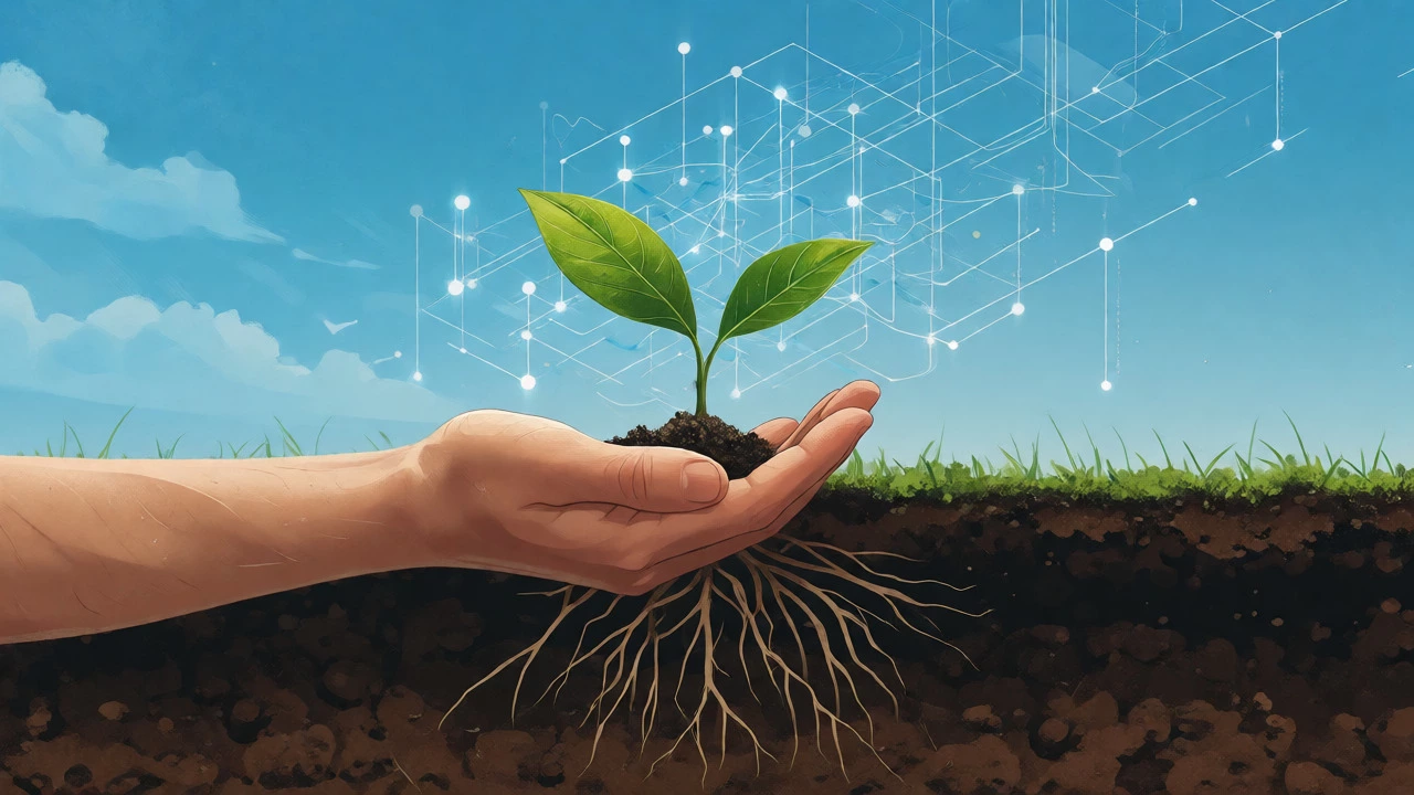 Hand holding a sapling with abstract policy lines above
