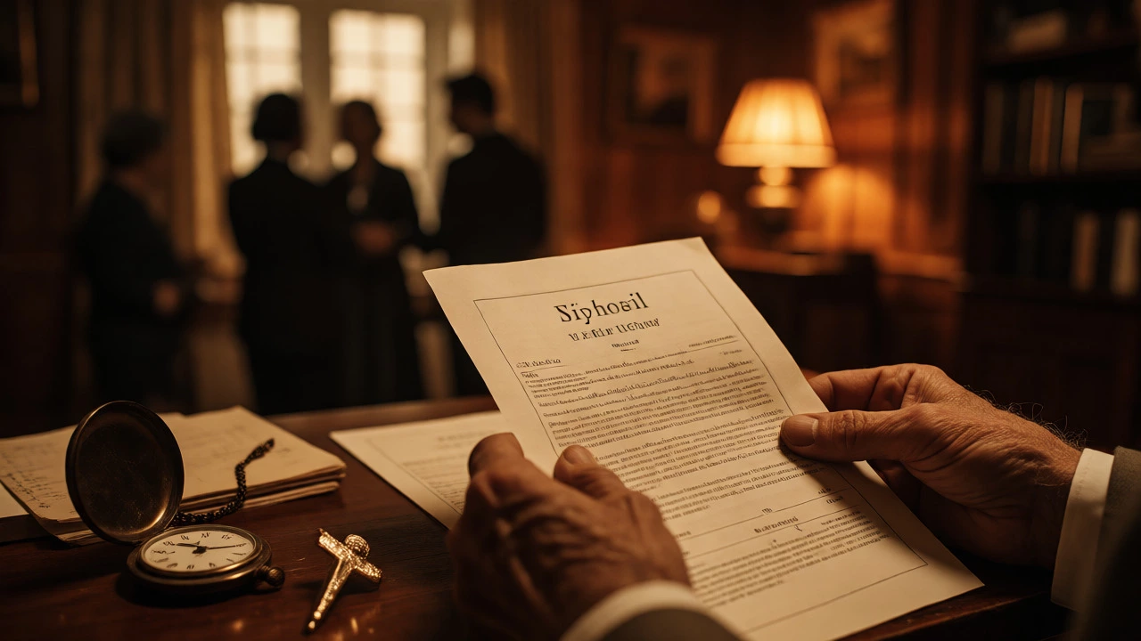 Hands holding a will document in a warm, study-like setting.