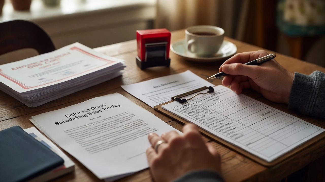 Hands reviewing DBS checks, safeguarding policies, and risk assessments on a desk with a cup of tea.