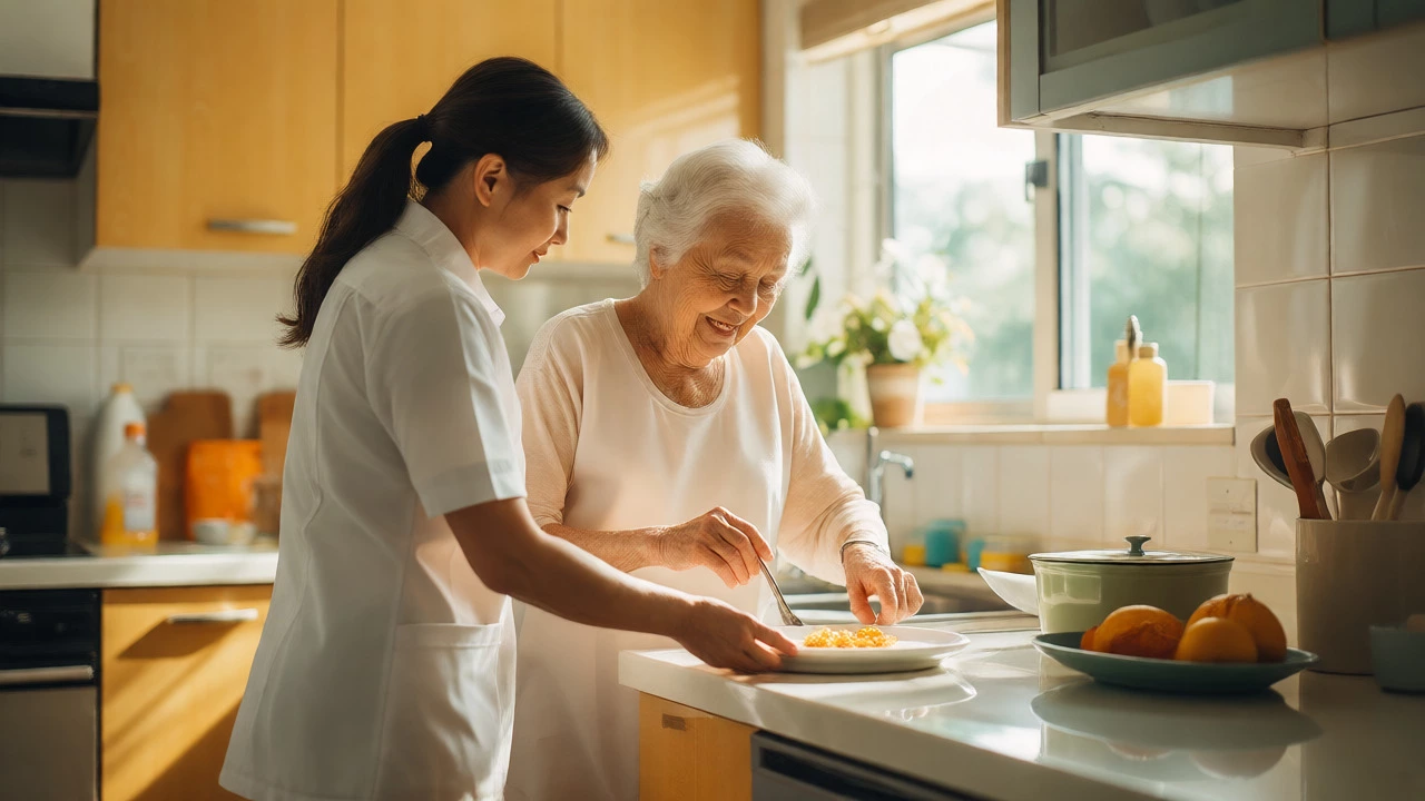 Home health aide helping an elderly woman cook in a bright, safe kitchen.