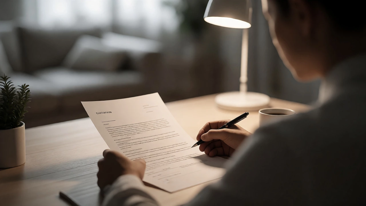 Job seeker thoughtfully editing their CV at a cozy, well-lit desk.