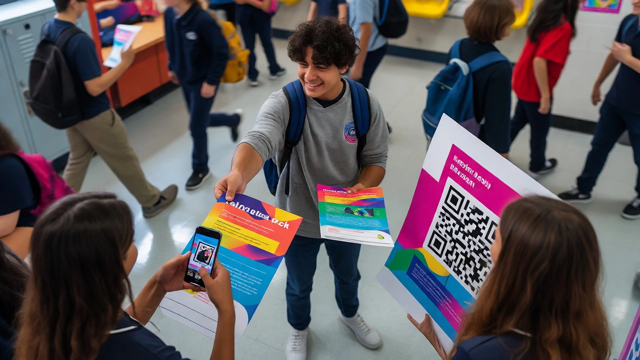 Recruiting new members in a busy school hallway with flyers.