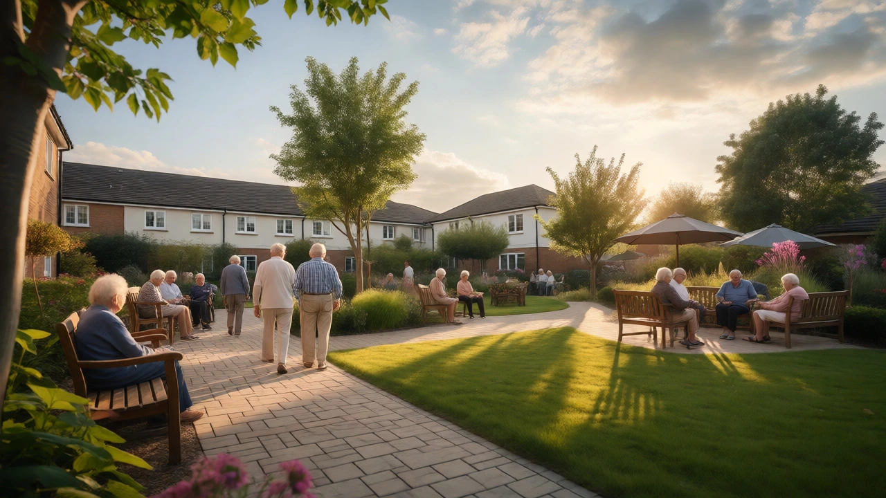 Seniors socializing and relaxing in the garden of an assisted living community.