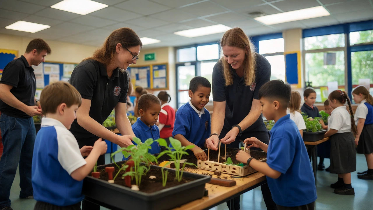 Volunteers engaging with children during an active after-school club session.